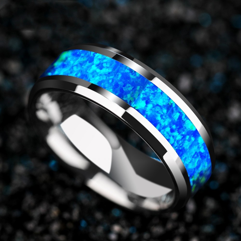 Engravable Blue Opal Wedding Band For Men In Tungsten