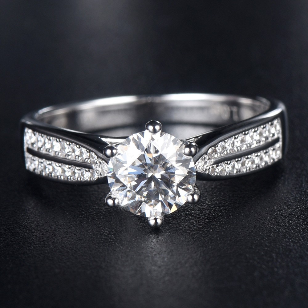Engravable Solitaire with Side Accent 1ct Moissanite Promise Ring In ...