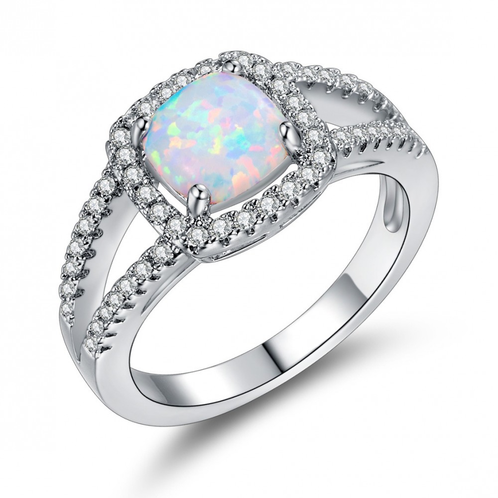 Engravable Princess  Cut Opal  Promise Ring  For Women In 