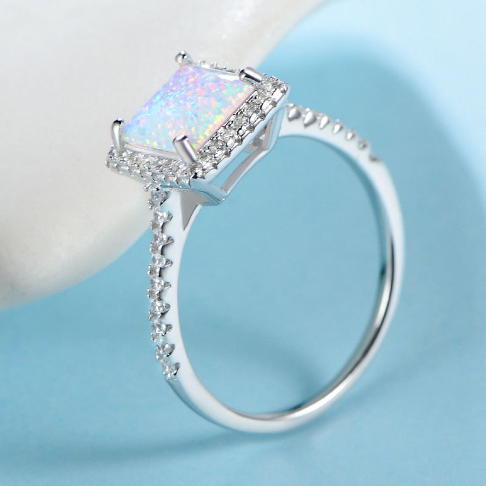 Engravable Princess  Cut Opal  Promise Ring  For Women In Silver