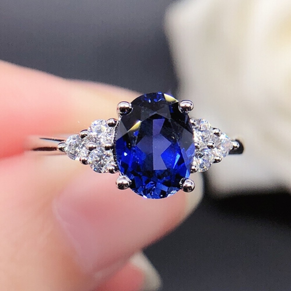 Engravable Oval Cut 1.5 Ct Blue Sapphire Cluster Promise Ring For Her
